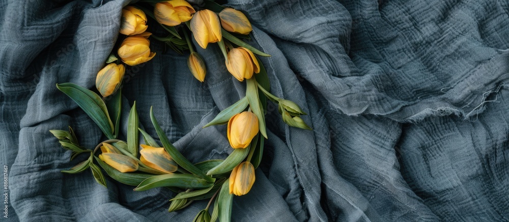 Poster yellow tulip flower wreath on a grey linen blanket for valentine's or mother's day. flat lay view wi