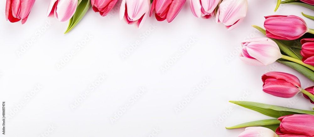 Poster Top view of tulip flowers creating a border frame on a white background with a copy space image.