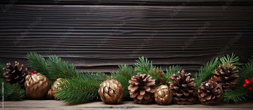 Poster festive christmas corner with conifer, ornaments, and pine cones setting against a backdrop of copy 