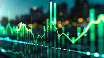 A dynamic display of green financial bar graphs and line charts on a blurred cityscape background, representing market analysis, economic trends, and financial growth.