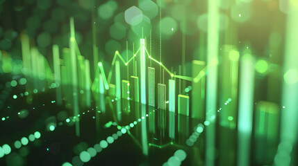 An abstract image of green financial bar graphs and line charts on a dark background with bokeh lights, representing data analysis, market trends, and economic growth.