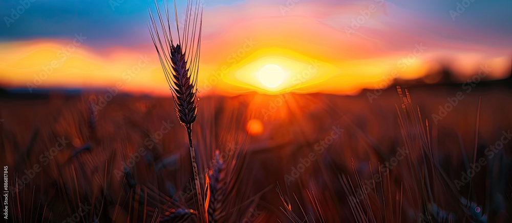 Aufkleber A single ear of wheat set against a sunset backdrop is captured in a dark exposure with ample copy space image.