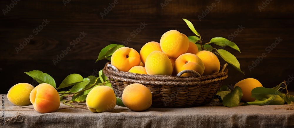 Poster Close-up photo of yellow plums arranged on a wicker basket with a wooden base and stone background in the foreground, providing a front view with available space for text or images.