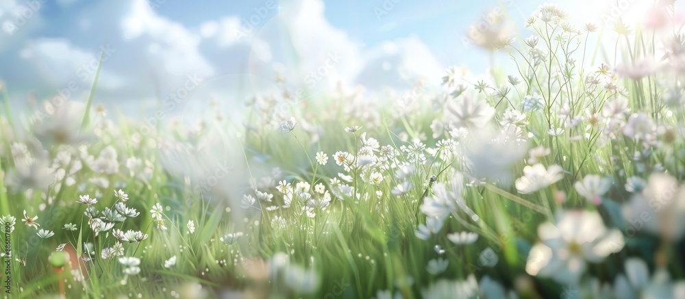 Poster a bright sunny day backdrop showcases delicate white meadow flowers, creating a serene landscape wit