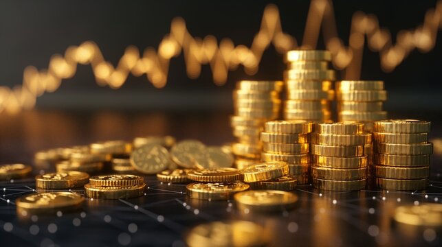 gold coins with economic chart graph, golden coin with graph, idea for investment them 