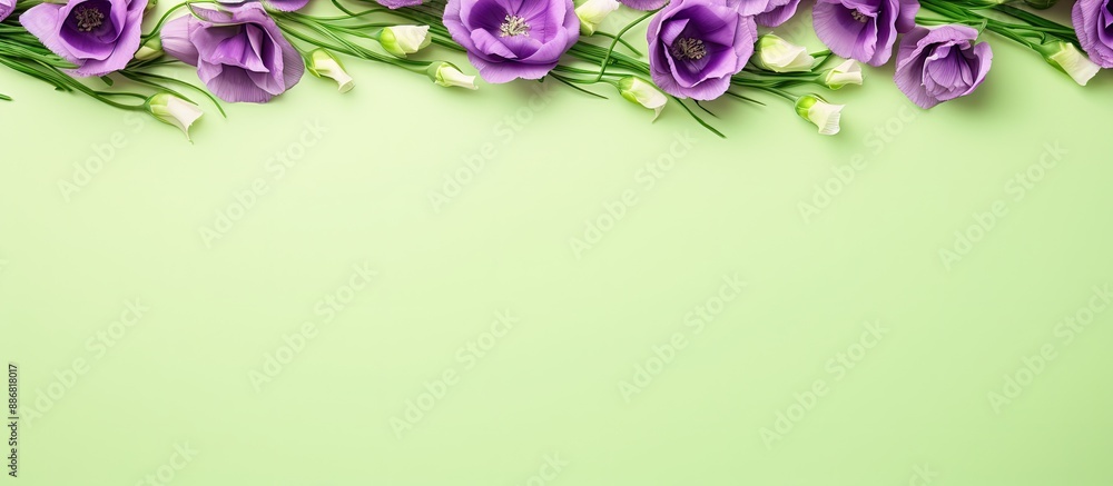 Poster green background with a border frame of violet eustoma flowers surrounding copy space image.
