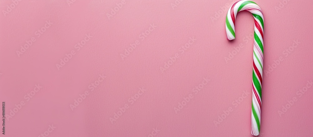 Poster green and white candy cane for christmas displayed on a pink backdrop with ample copy space image av