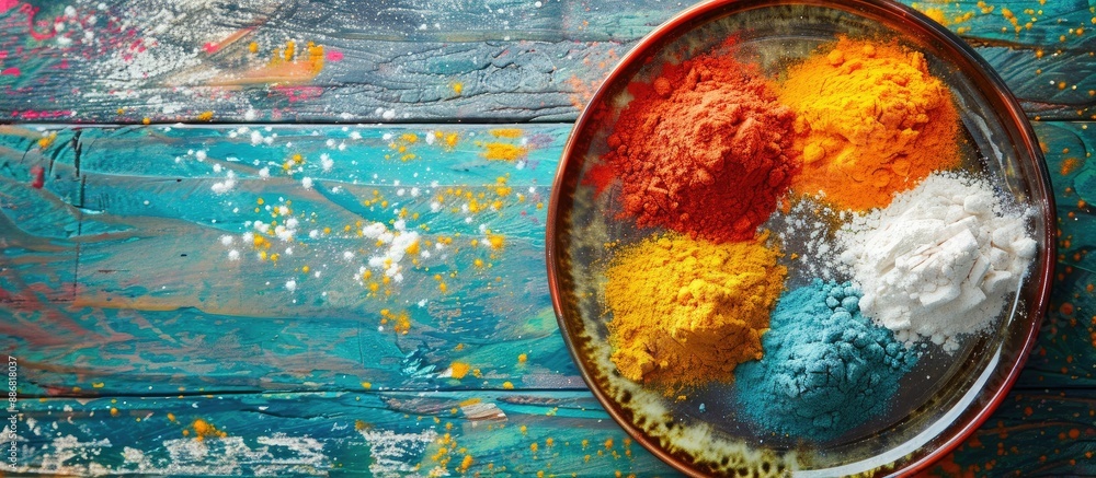 Poster colorful wooden table background showcasing spices on a plate with powdered sugar, leaving room for 