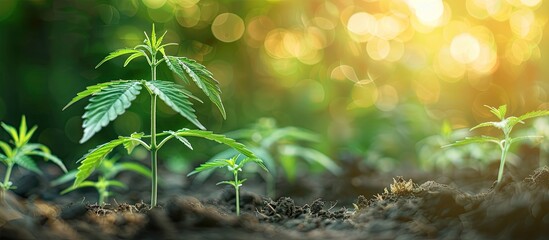 Indoor cultivation of commercial hemp in a pot from seedlings, focusing on CBD oil in an herbal medicine context with ample copy space image.