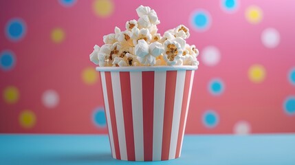 Paper cup with popcorn on color background. 
