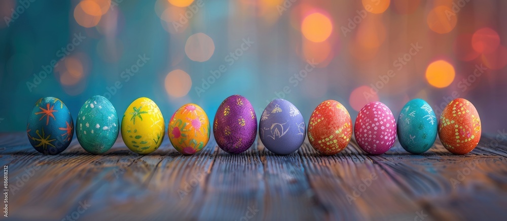 Poster Easter eggs decor in a row on a wooden surface for a festive background with copy space image.