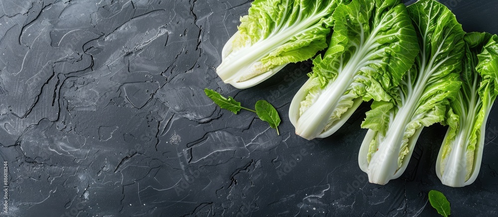 Poster halved chinese cabbage with a vibrant green color on a dark slate surface, serving as a vegetable-th