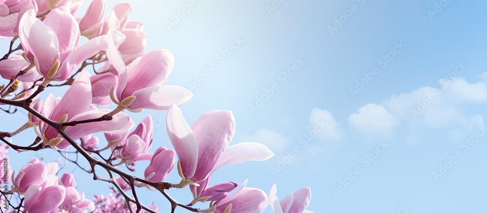 Poster bright sunny spring day with magnolia flowers in soft pink and purple against a blue sky, creating a