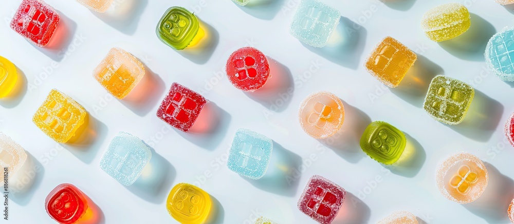 Aufkleber a variety of delicious jelly candies displayed on a bright backdrop in a flat lay composition with r