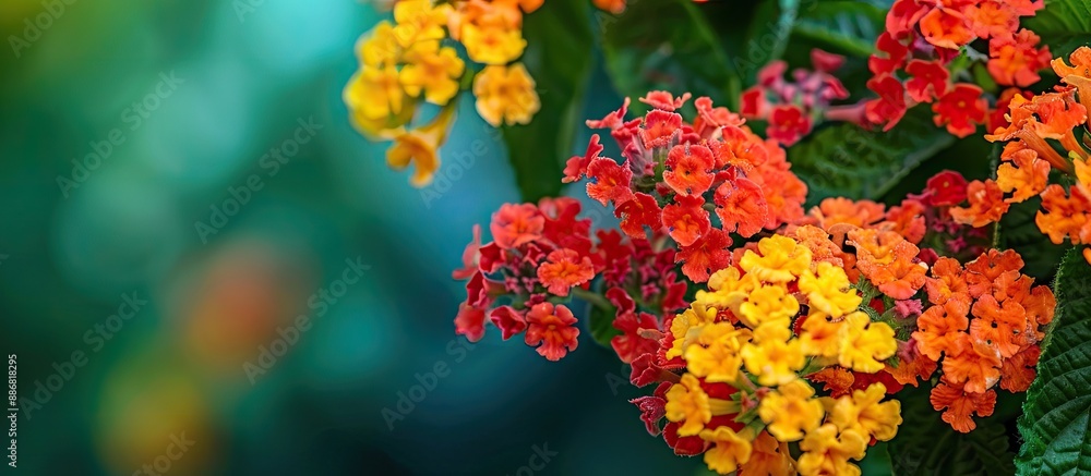 Poster Floral macro background featuring red and yellow Lantana camara flowers with copy space image.
