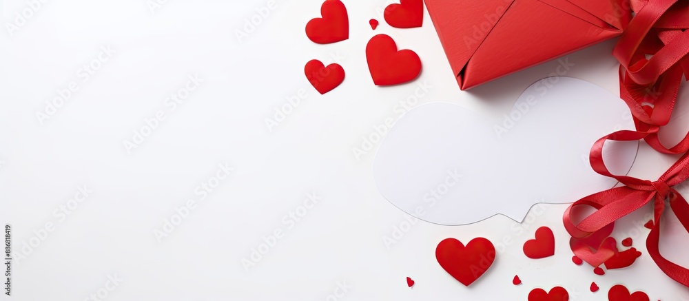 Poster valentine concept background with a red card featuring a heart-shaped clip on a white backdrop, conv