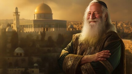 Fototapeta premium Elderly Man with White Beard by Historic Dome in Jerusalem, Solemn Religious and Cultural Setting for Heritage and Faith