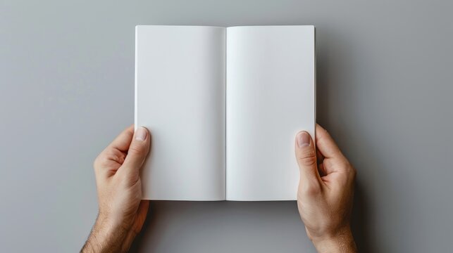 Mockup of white empty book held on gray background with high quality image