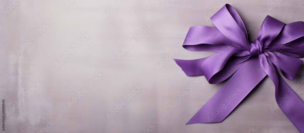 Poster purple ribbon frame against linen background with copy space image.