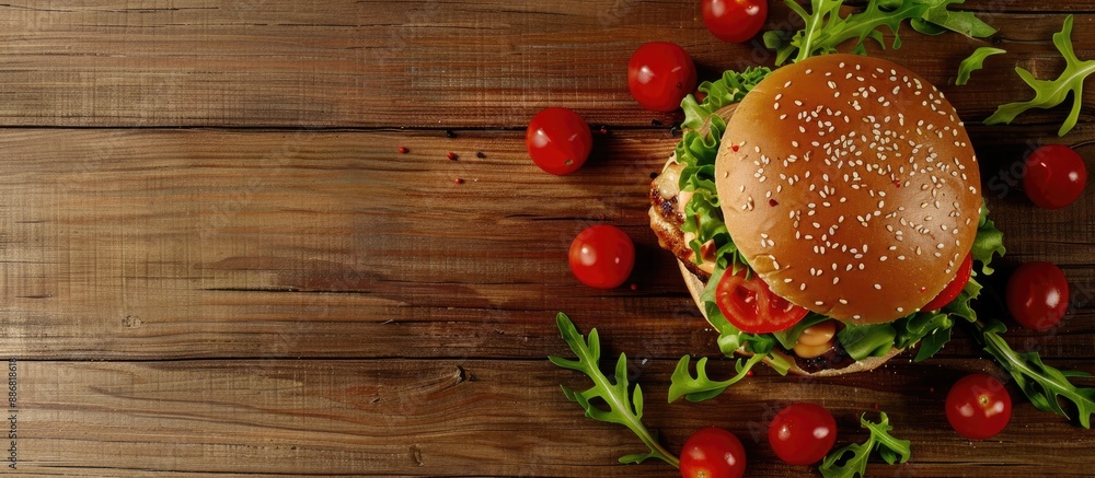 Poster a hamburger with chicken, tomatoes, and green salad is placed on a wooden table in the copy space im