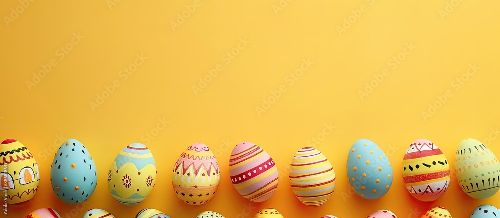 Aufkleber Easter theme with colorful eggs arranged in two rows on a yellow background. Horizontal frame for a banner with a flat layout featuring ample copy space image to add text.