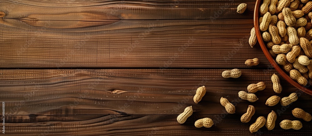 Poster a wooden table displays a bowl of peanuts with space for text or images.