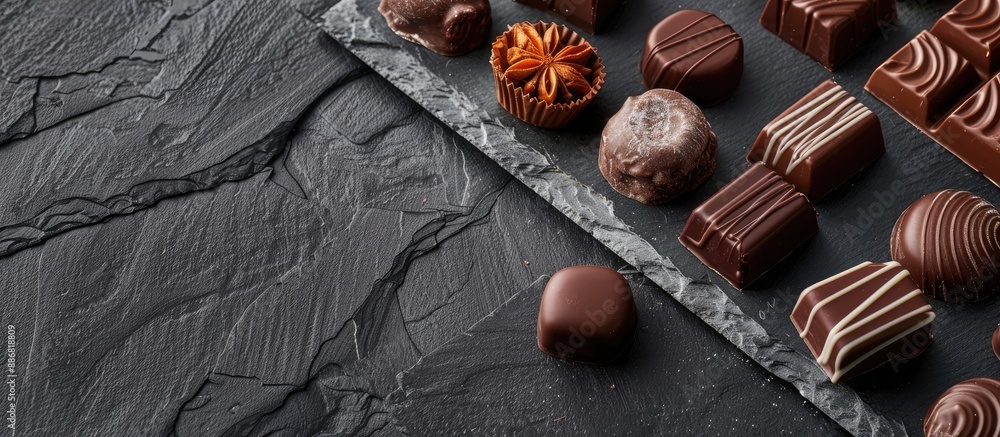 Poster closeup image of various delicious chocolate candies on a slate plate with copy space image.