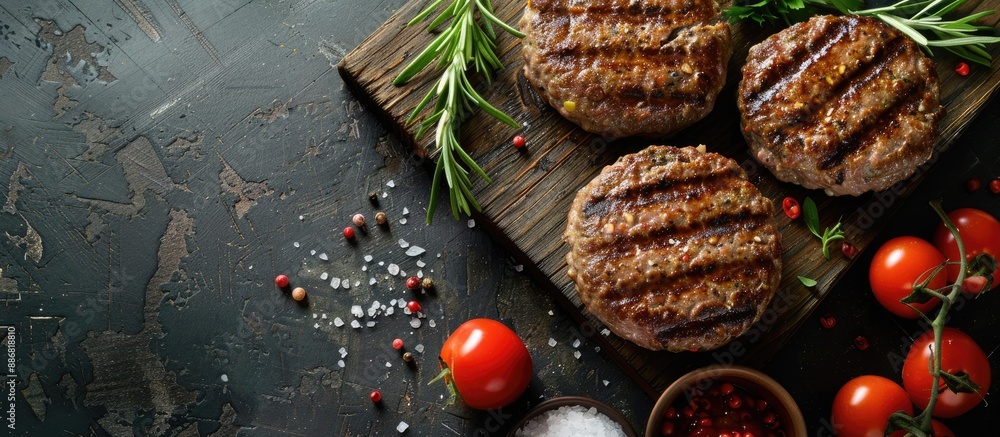 Poster Preparing succulent hamburgers with cutlets ideal for creating a delectable meal with a copy space image available.