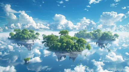 Floating Mountains with Lush Greenery in Clouds