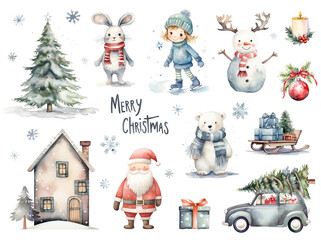 Watercolor set of various Christmas elements: decorated tree, Santa, snowman, bunny, gifts and house isolated on white background.