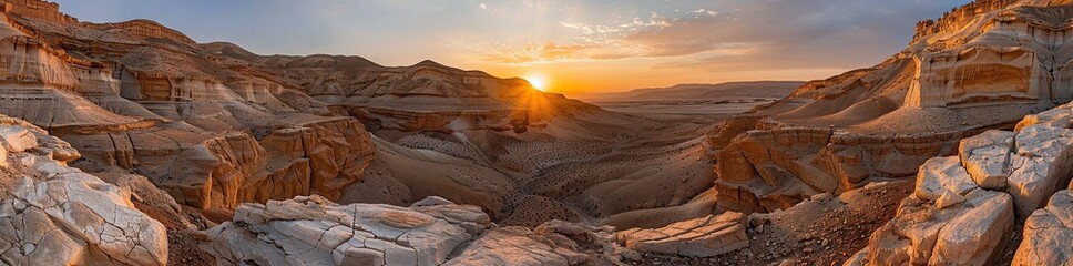 Fototapeta premium Panoramic view of the Negev desert at sunrise with sun flare