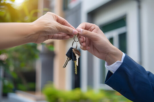 Real Estate Agent Handing Over Keys to New Homeowner, Close-Up Shot with Depth Blur Effect