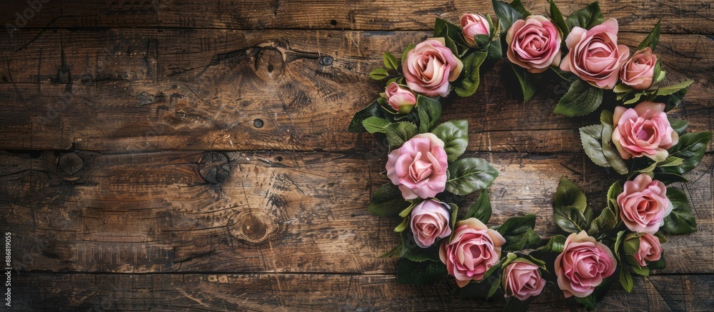 Poster valentine's day background featuring a floral arrangement of pink roses in a wreath on a wooden back