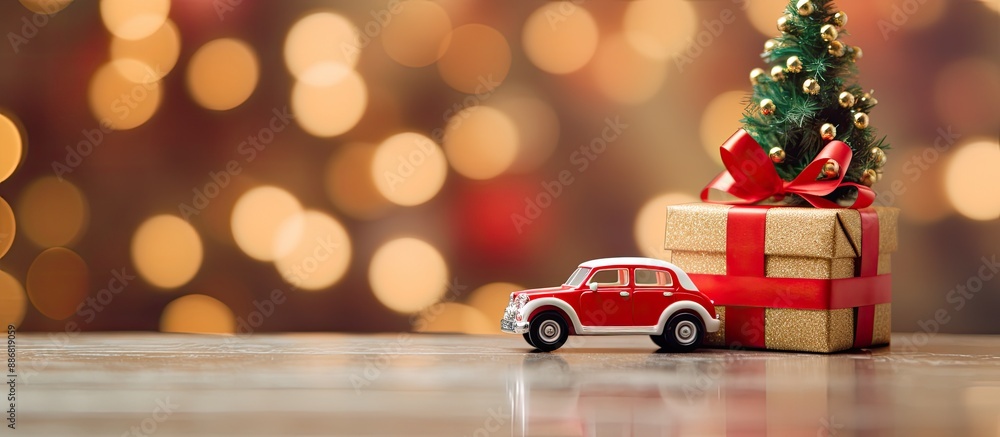 Poster christmas greetings on a toy car's copy space image with a festive backdrop of a christmas tree and 