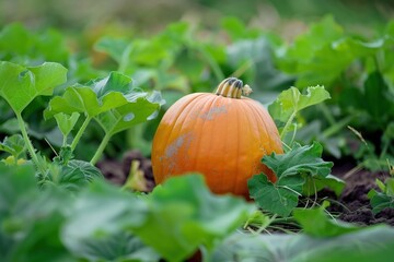 Obraz premium Vibrant orange pumpkin rests on garden ground amidst rich green plants. Small plant sprouts nearby adding to scene lushness. Garden setting with natural beauty and growth.