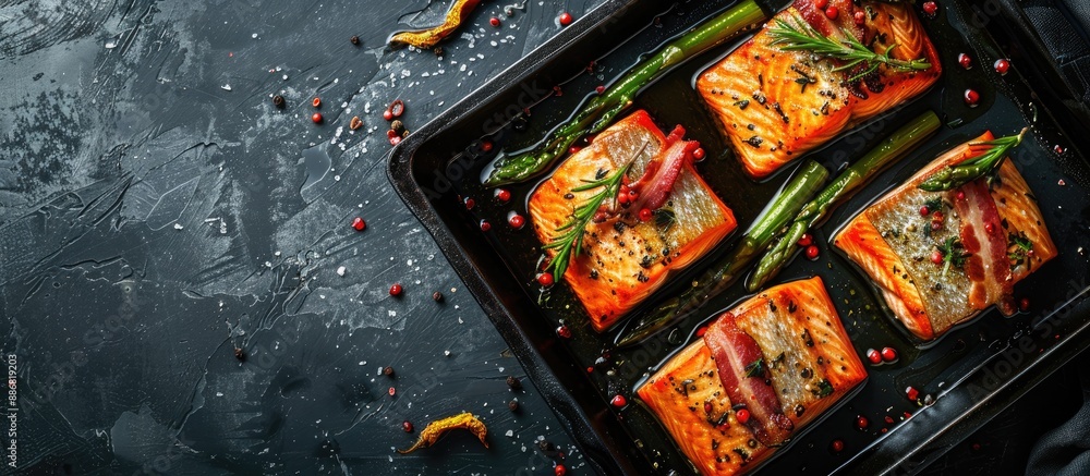 Poster Salmon baked in the oven served with bacon-wrapped asparagus on a black background in an overhead shot. Includes copy space image.