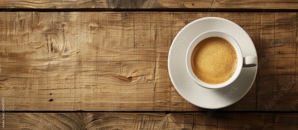 Poster a cup of flat white coffee is placed on a wooden table with ample copy space image.