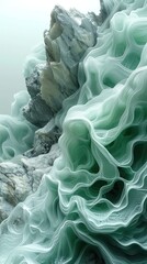Abstract green and white flowing fabric pattern, resembling mineral formation, perfect for backgrounds and artistic designs.