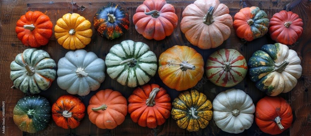Poster A variety of pumpkins displayed on a rustic wooden surface for Halloween and autumn harvest, captured from above with a dark background emphasizing copy space image.