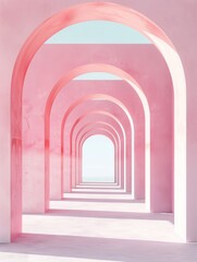 Minimalist pink and white arches in modern abstract hallway