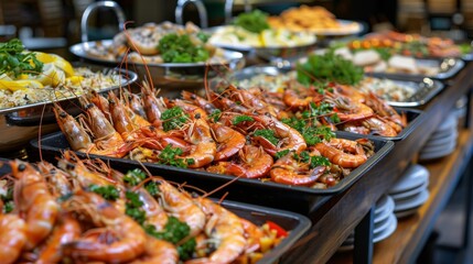 A seafood buffet table featuring a variety of grilled shrimp dishes and accompaniments.