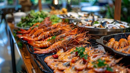Obraz premium A seafood buffet table featuring a variety of grilled shrimp dishes and accompaniments.