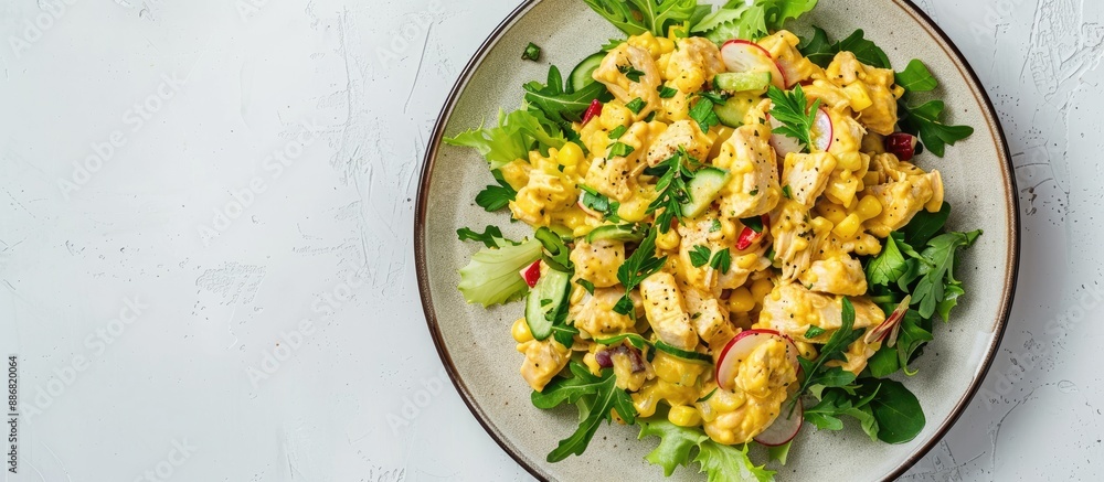 Poster Low-angle view of a plate with homemade Coronation Chicken Salad on a white background, providing space for additional image elements.