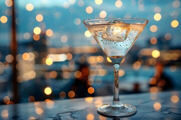 Elegant cocktail glass in a rooftop bar. Blur luxurious atmosphere background give a feeling of relaxation, modern and classy. Make the audience feel like they want to experience that for themselves.