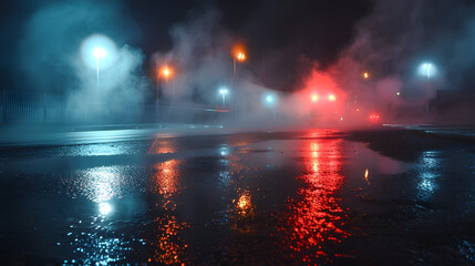  Mysterious night street scene with fog and colorful reflections of street lights on wet pavement, creating a moody and atmospheric urban landscape.