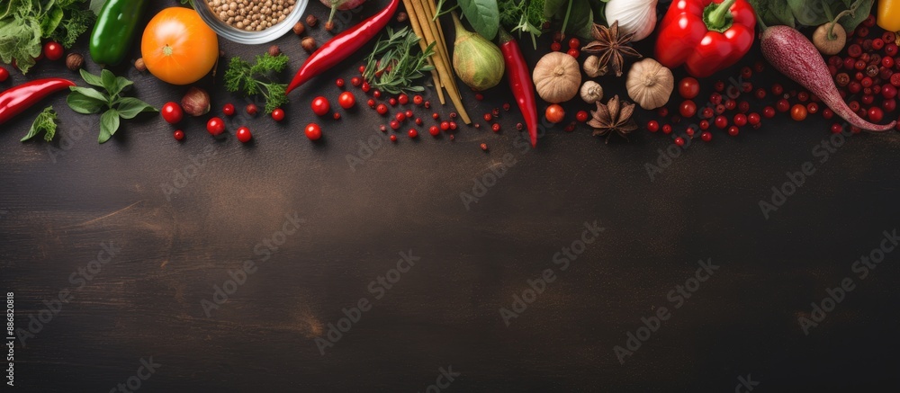 Poster Top-view copy space image with vegetables and spices for your text on a cooking banner backdrop.