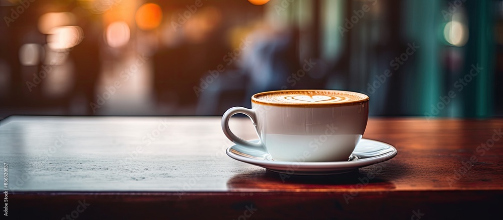 Aufkleber coffee cup on a table in a cafe, showing copy space image.