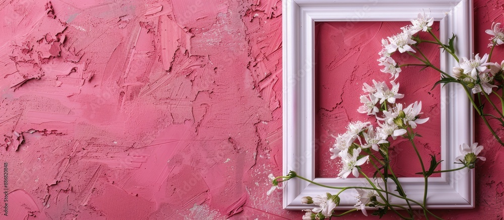 Poster top view mockup featuring a white picture frame with mouse-ear chickweed flowers on a pink textured 
