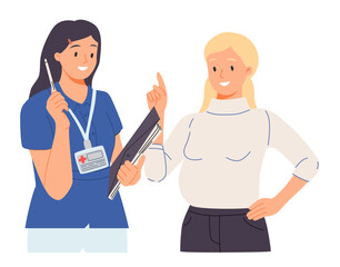 Doctor consults pregnant woman. Medical appointment, pregnancy, prenatal checkup. Physician counseling patient, mother.