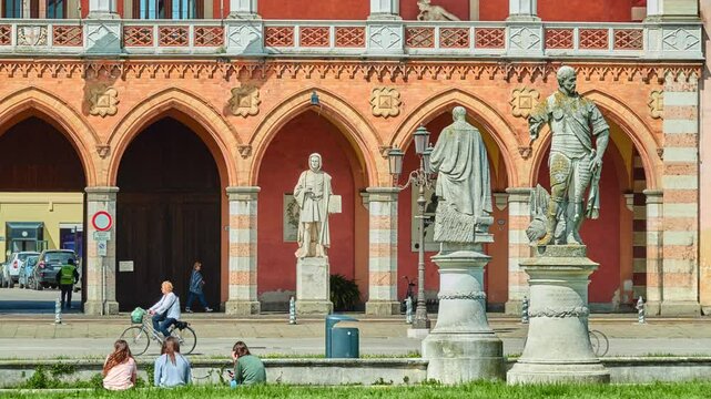 PADUA, ITALY - APRIL 17 2018: Loggia Amulea is neo-Gothic style building located in the Prato della Valle, majestic piazza of Padua, Italy. Front of building is characterized by an elegant loggiay.